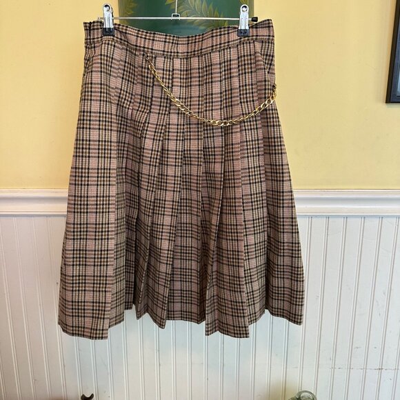 Pleated Brown Plaid Midi Skirt With Gold Chain Accent By Apparelel L - Picture 2 of 6
